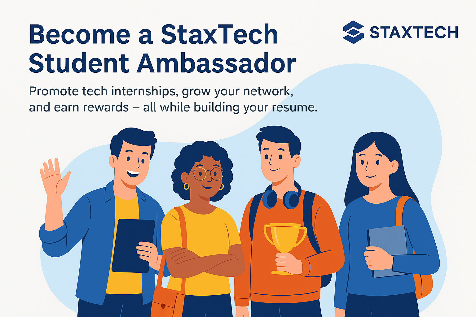 An illustration of diverse student ambassadors networking and collaborating.